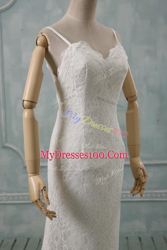 Great Spaghetti Straps Sleeveless Bridal Gown Brush Train Lace White Lace