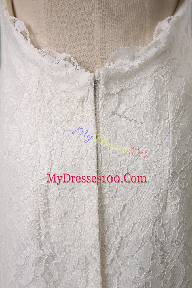 Great Spaghetti Straps Sleeveless Bridal Gown Brush Train Lace White Lace