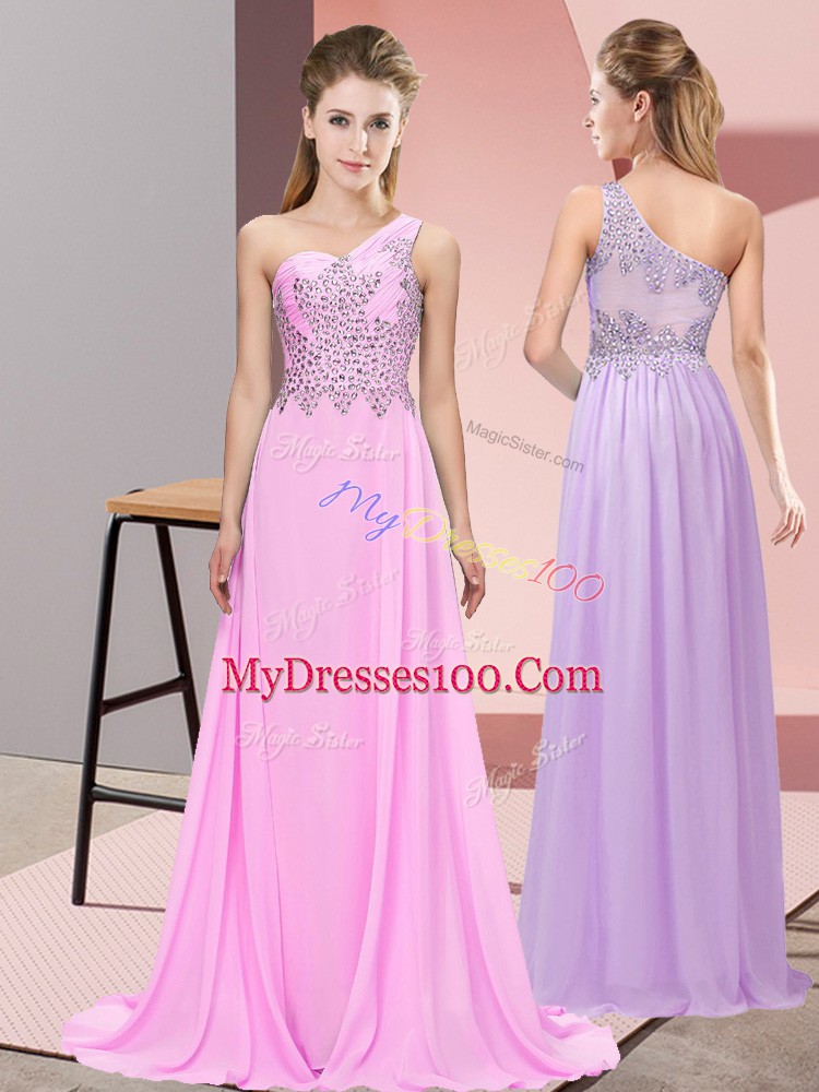 Pink Chiffon Side Zipper Prom Dress Sleeveless Floor Length Beading