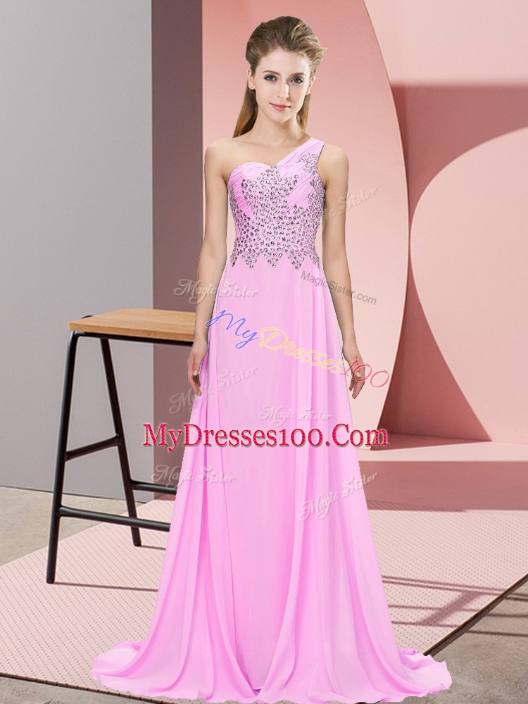 Pink Chiffon Side Zipper Prom Dress Sleeveless Floor Length Beading