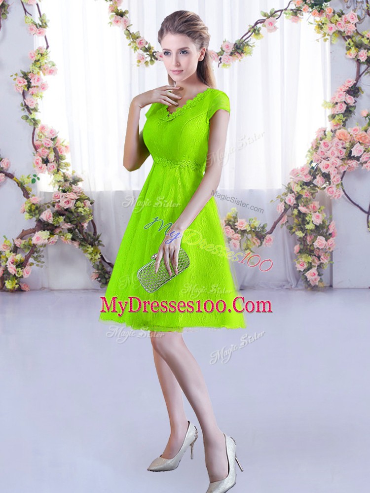 Mini Length Yellow Green Bridesmaid Dress V-neck Cap Sleeves Lace Up