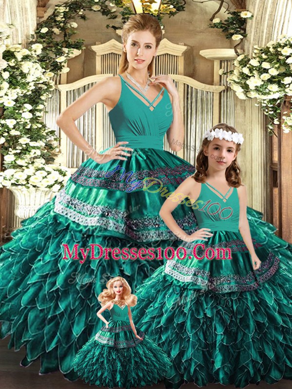 Fine Turquoise Ball Gowns Organza V-neck Sleeveless Appliques and Ruffles Floor Length Backless Quince Ball Gowns