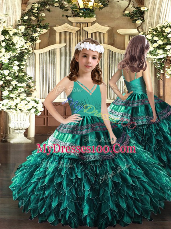 Fine Turquoise Ball Gowns Organza V-neck Sleeveless Appliques and Ruffles Floor Length Backless Quince Ball Gowns