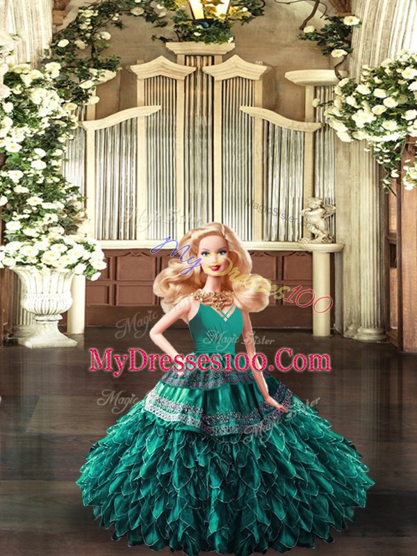 Fine Turquoise Ball Gowns Organza V-neck Sleeveless Appliques and Ruffles Floor Length Backless Quince Ball Gowns