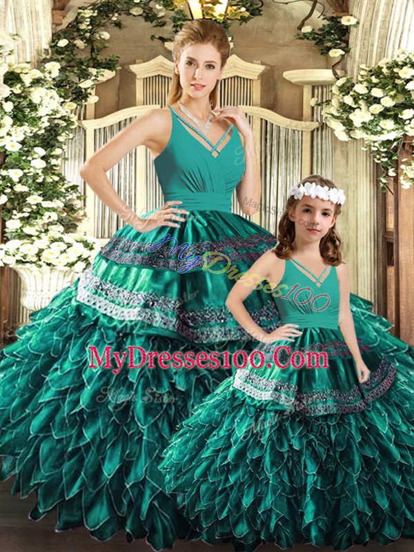 Fine Turquoise Ball Gowns Organza V-neck Sleeveless Appliques and Ruffles Floor Length Backless Quince Ball Gowns