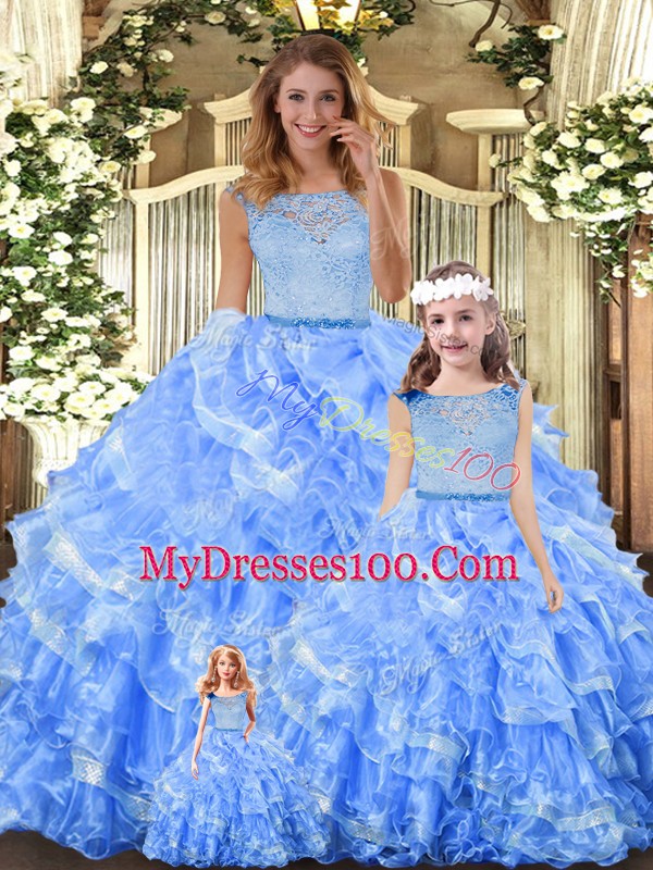 Scoop Sleeveless Zipper 15 Quinceanera Dress Light Blue Organza