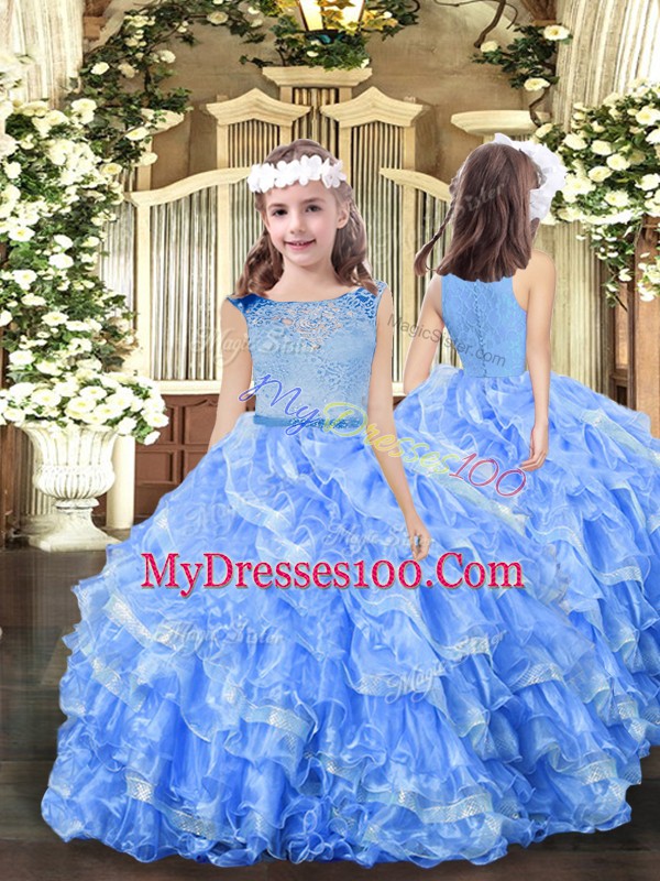 Scoop Sleeveless Zipper 15 Quinceanera Dress Light Blue Organza