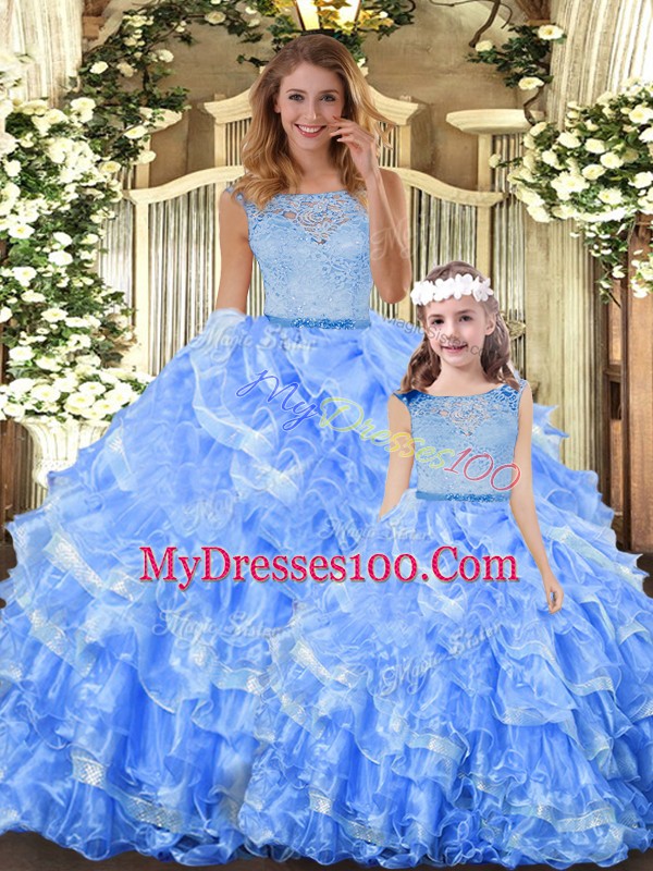 Scoop Sleeveless Zipper 15 Quinceanera Dress Light Blue Organza
