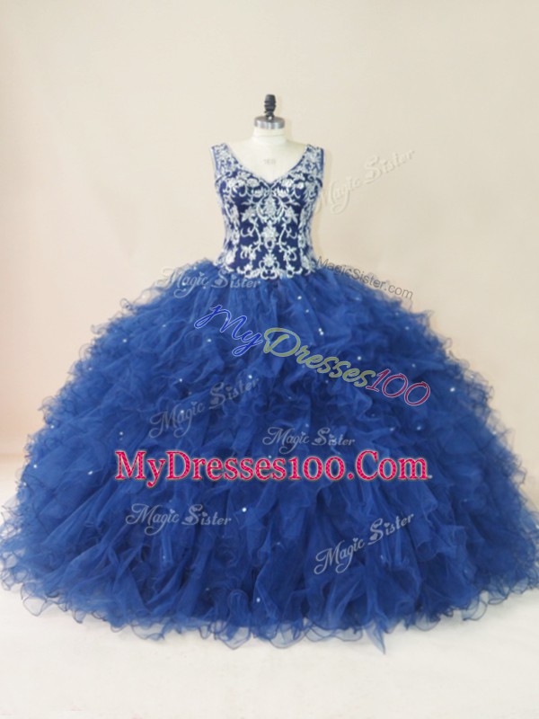 Affordable V-neck Sleeveless Tulle Ball Gown Prom Dress Embroidery and Ruffles Backless