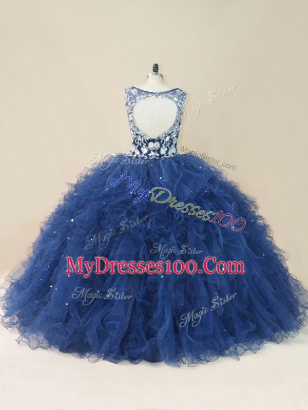 Affordable V-neck Sleeveless Tulle Ball Gown Prom Dress Embroidery and Ruffles Backless