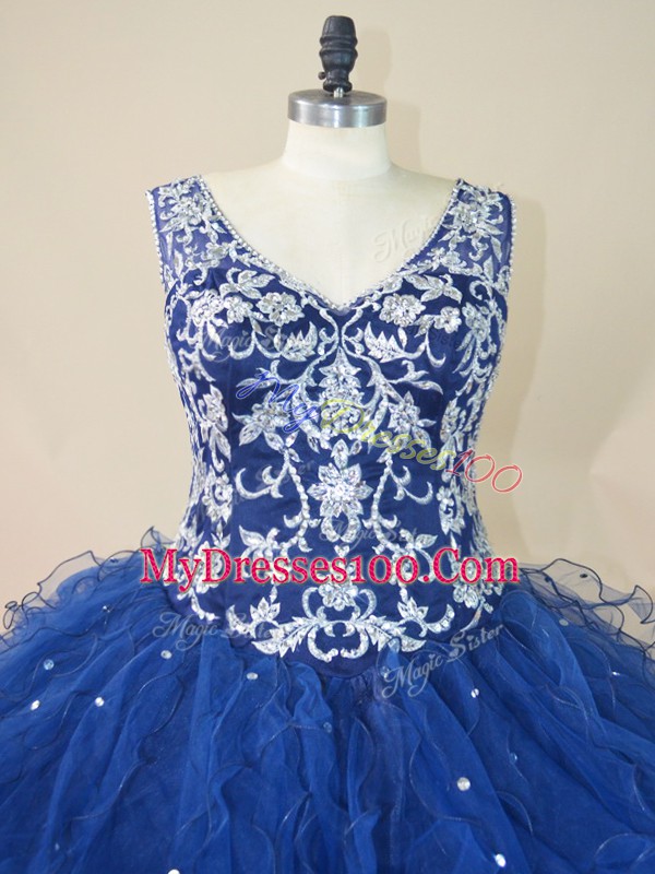 Affordable V-neck Sleeveless Tulle Ball Gown Prom Dress Embroidery and Ruffles Backless