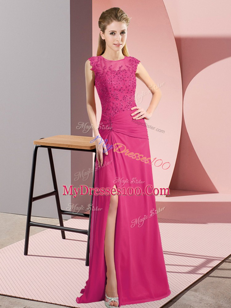 Dramatic Beading Military Ball Dresses Hot Pink Zipper Sleeveless Floor Length