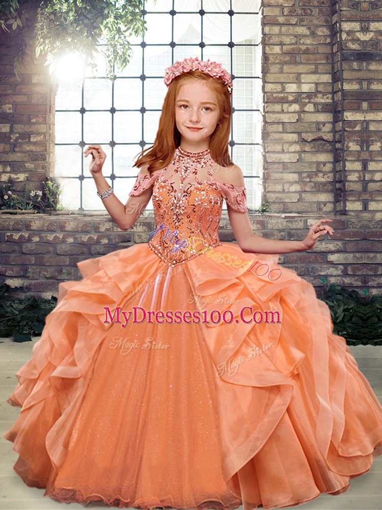 Super Orange Sleeveless Beading and Ruffles Floor Length Child Pageant Dress