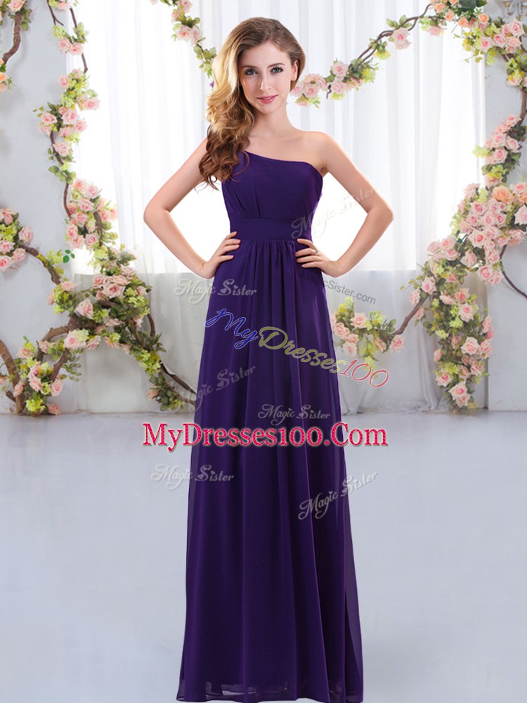 Flare Purple Empire One Shoulder Sleeveless Chiffon Floor Length Zipper Ruching Vestidos de Damas