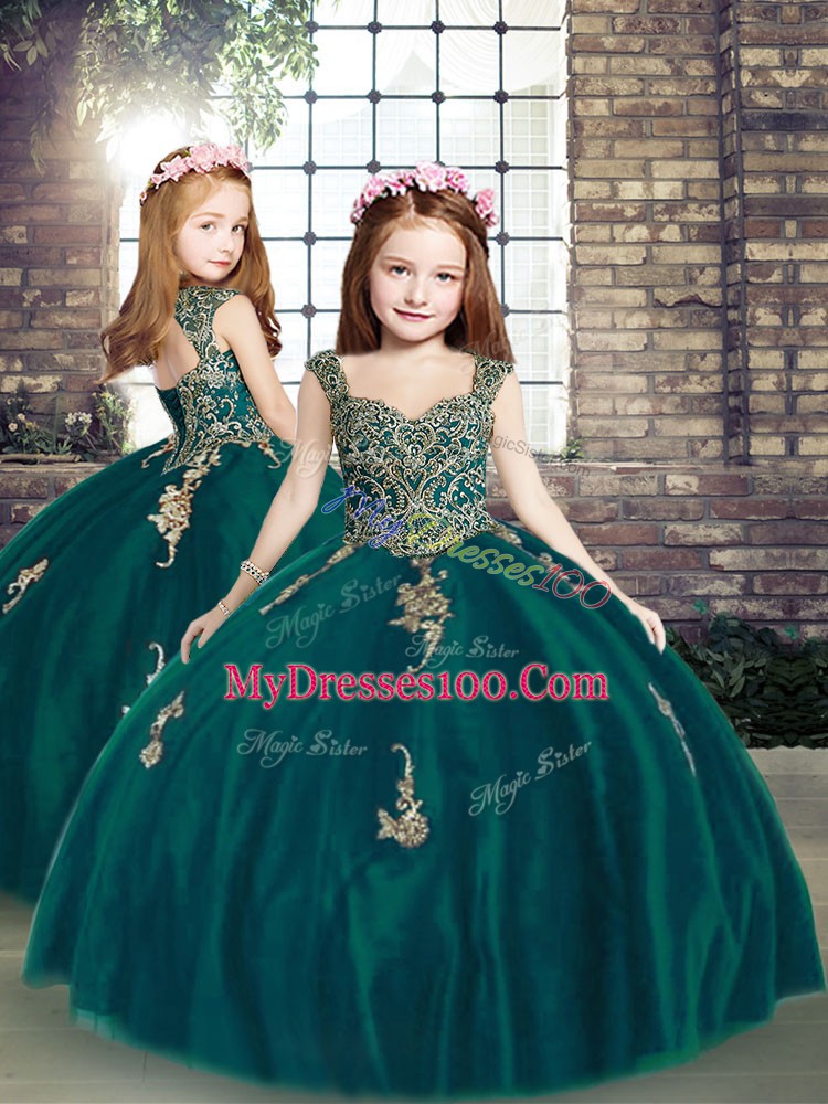 Peacock Green Straps Neckline Beading and Appliques 15th Birthday Dress Sleeveless Lace Up