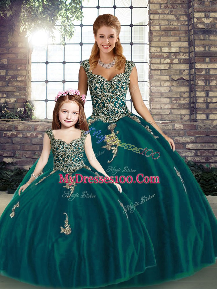Peacock Green Straps Neckline Beading and Appliques 15th Birthday Dress Sleeveless Lace Up