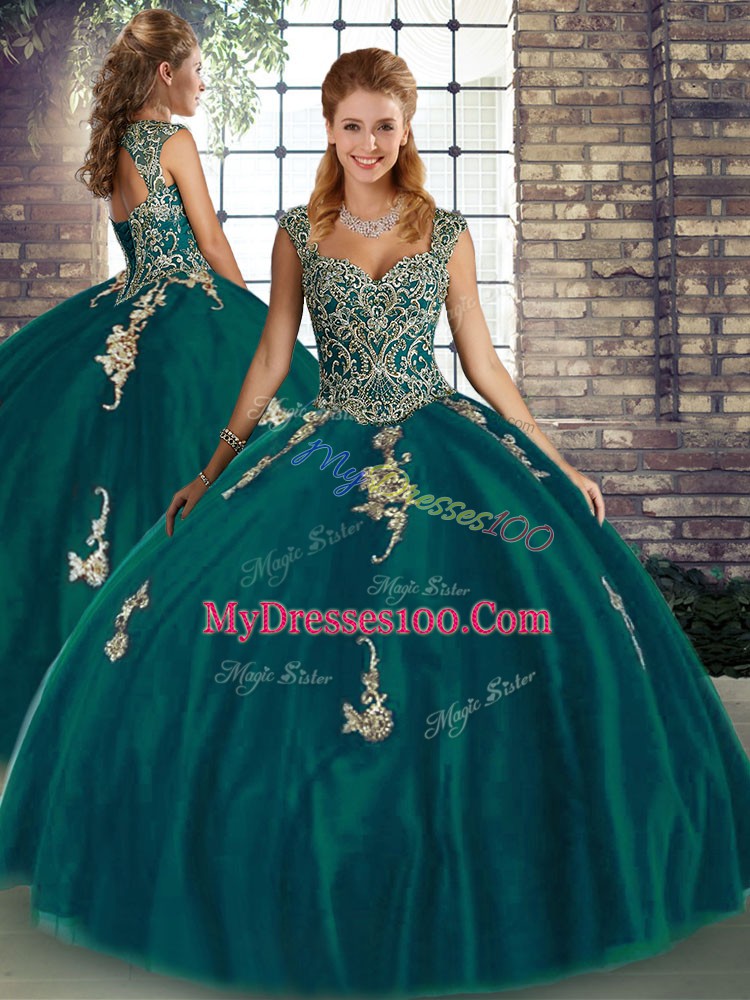 Peacock Green Straps Neckline Beading and Appliques 15th Birthday Dress Sleeveless Lace Up