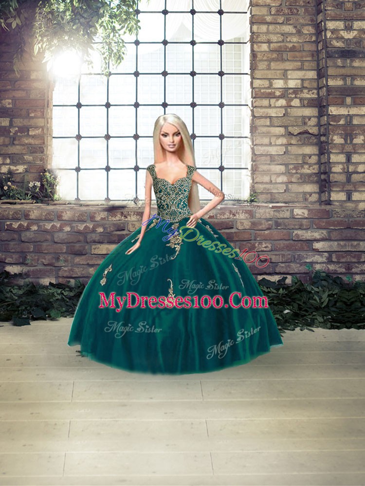 Peacock Green Straps Neckline Beading and Appliques 15th Birthday Dress Sleeveless Lace Up