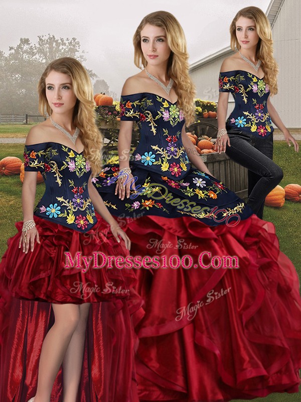 Artistic Sleeveless Floor Length Embroidery and Ruffles Lace Up Quinceanera Gown with Red And Black