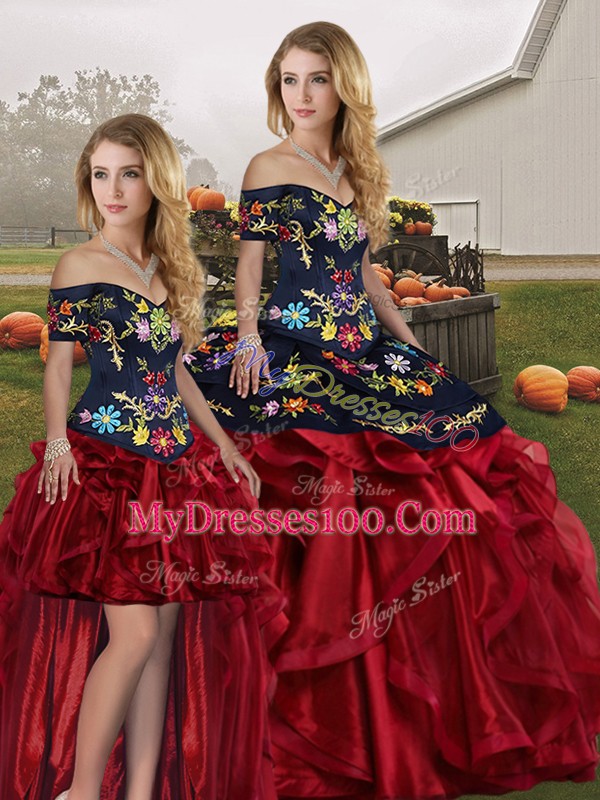 Artistic Sleeveless Floor Length Embroidery and Ruffles Lace Up Quinceanera Gown with Red And Black