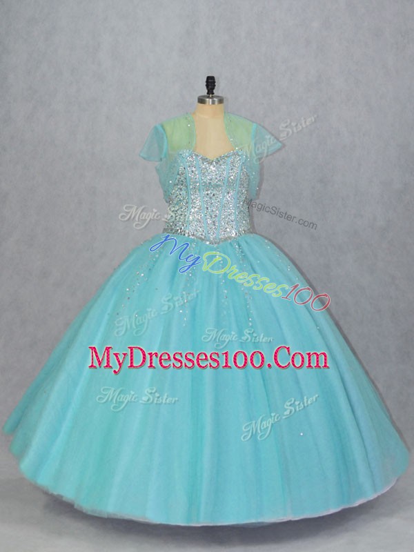 Aqua Blue Tulle Lace Up Quinceanera Gowns Sleeveless Floor Length Beading