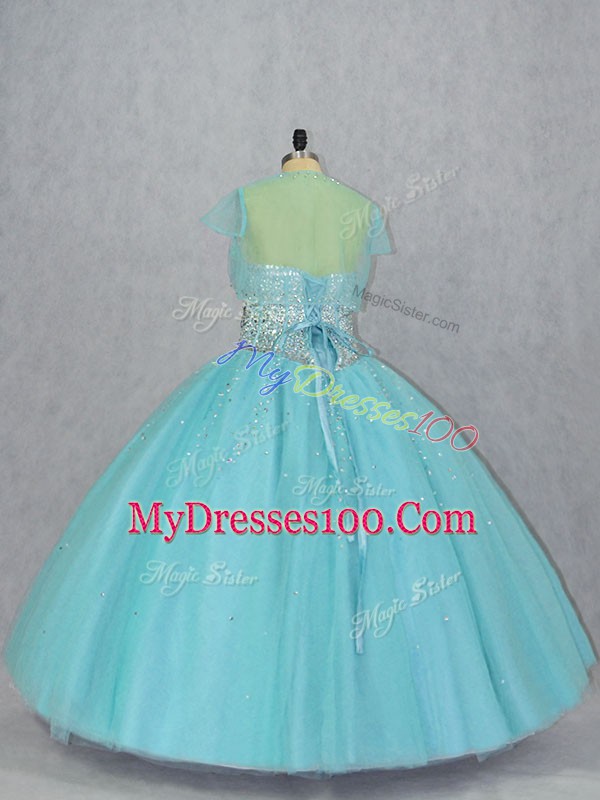 Aqua Blue Tulle Lace Up Quinceanera Gowns Sleeveless Floor Length Beading