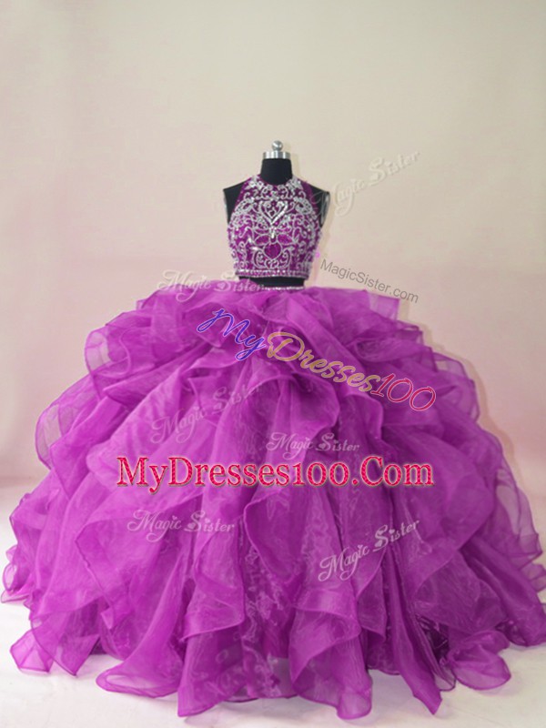 Purple Organza Backless Sweet 16 Quinceanera Dress Sleeveless Brush Train Beading and Ruffles