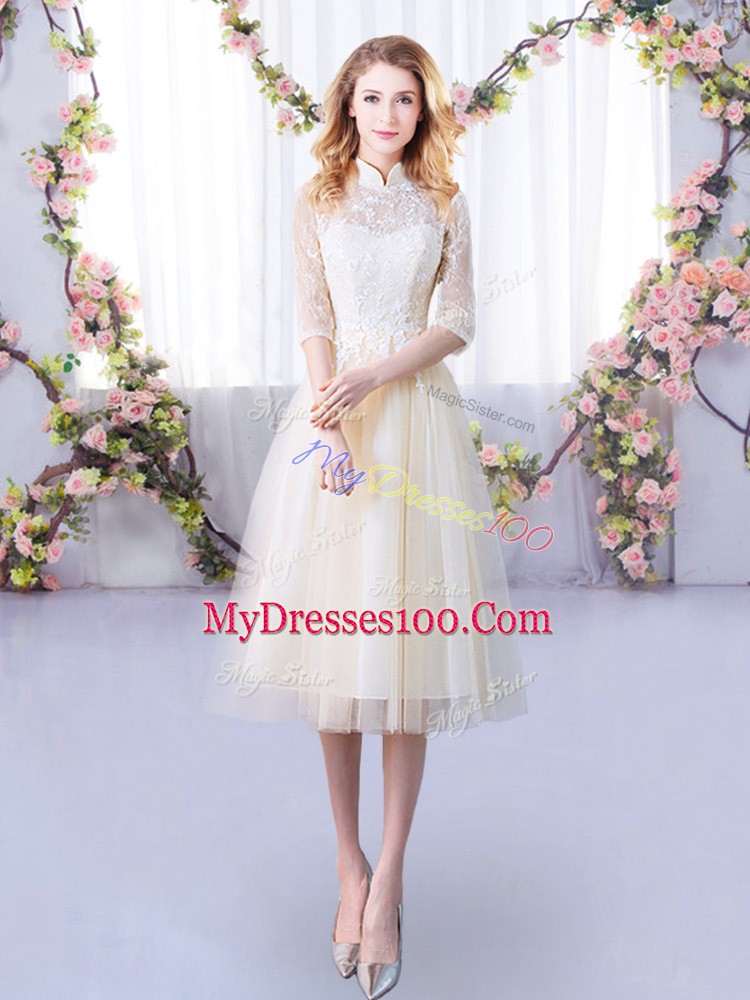Shining Champagne Half Sleeves Lace Tea Length Quinceanera Court Dresses