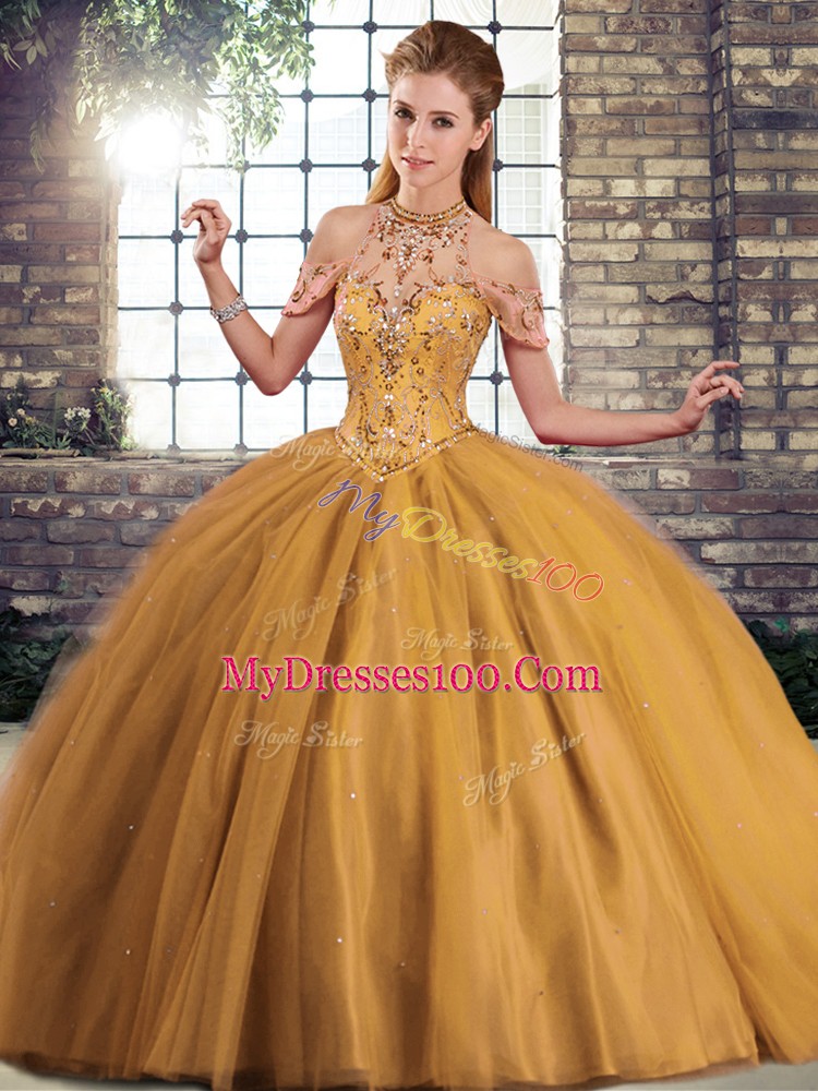Stunning Halter Top Sleeveless Brush Train Lace Up Sweet 16 Quinceanera Dress Brown Tulle