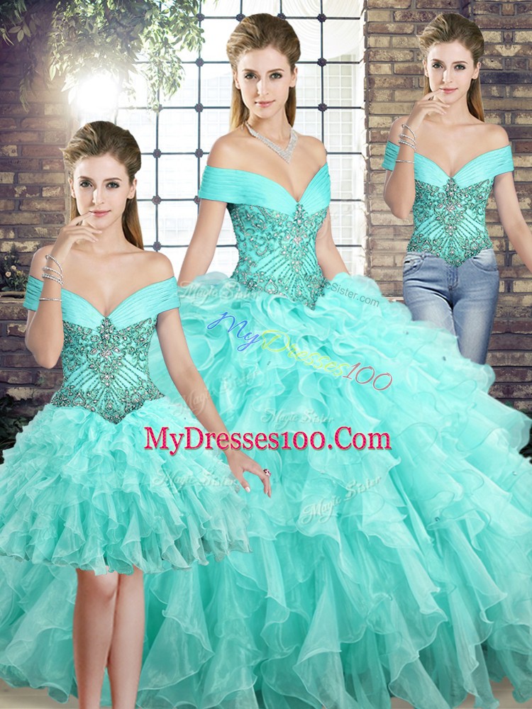 Low Price Aqua Blue Off The Shoulder Lace Up Beading and Ruffles Quince Ball Gowns Brush Train Sleeveless