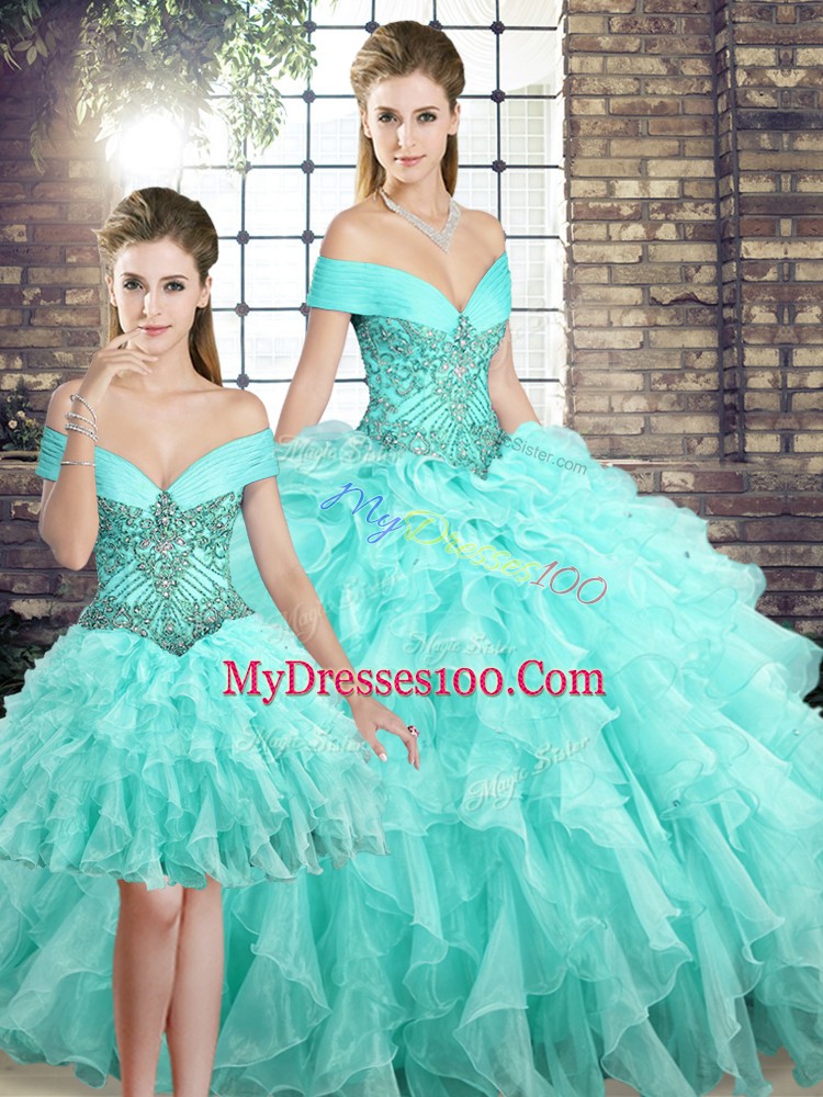Low Price Aqua Blue Off The Shoulder Lace Up Beading and Ruffles Quince Ball Gowns Brush Train Sleeveless