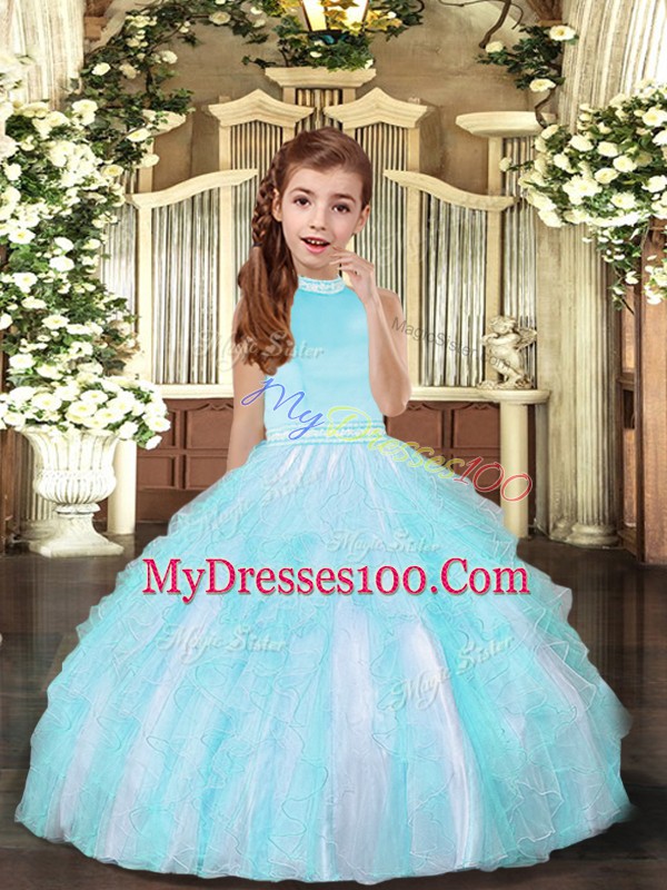 Aqua Blue Sleeveless Beading and Ruffles Floor Length Child Pageant Dress