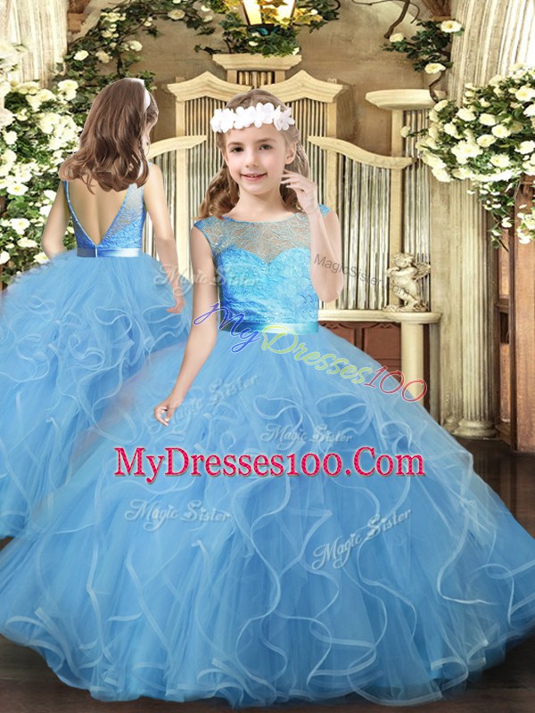 Floor Length Backless Kids Formal Wear Baby Blue for Party and Wedding Party with Ruffles