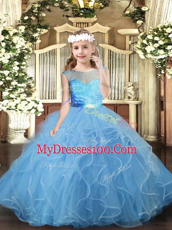 Floor Length Backless Kids Formal Wear Baby Blue for Party and Wedding Party with Ruffles
