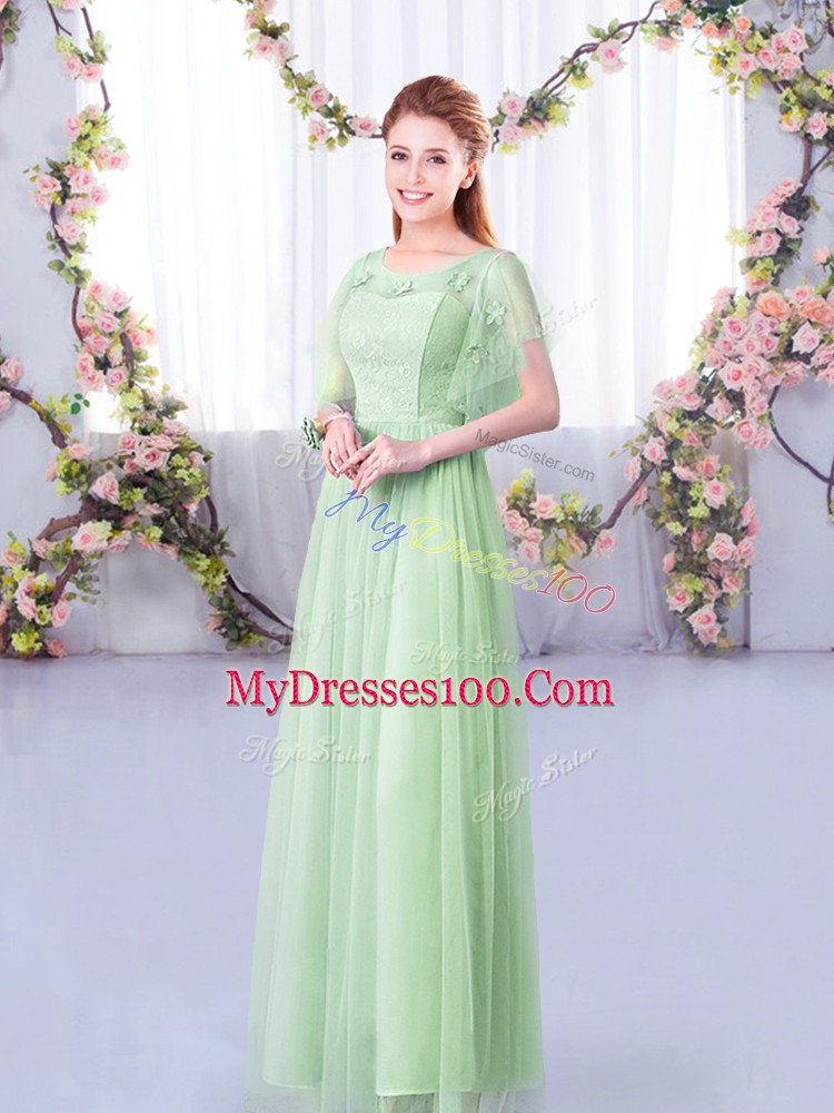 Modern Floor Length Apple Green Bridesmaids Dress Scoop Short Sleeves Side Zipper