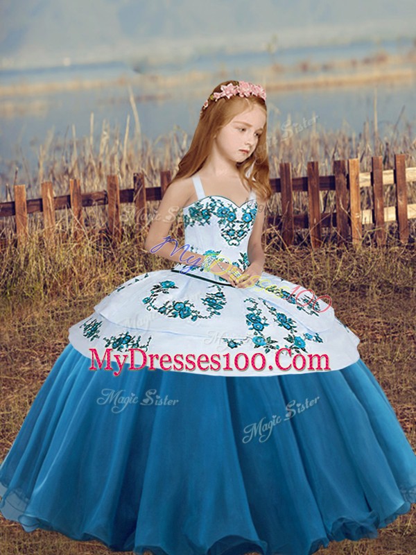 Blue Sleeveless Embroidery Floor Length Child Pageant Dress