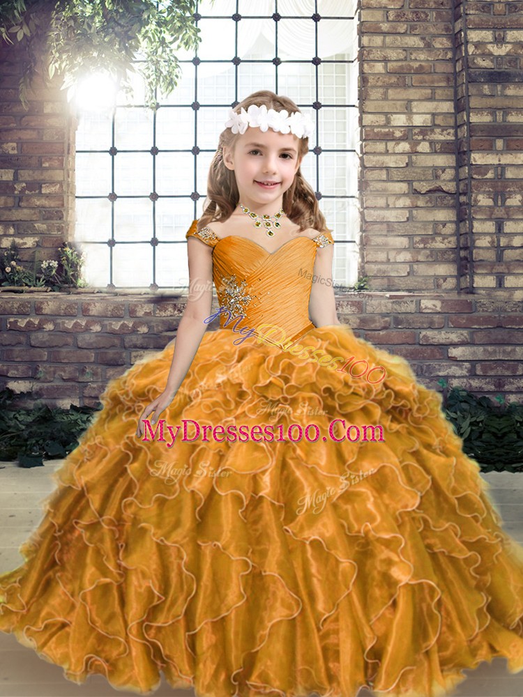 Top Selling Gold Ball Gowns Beading and Ruffles Kids Pageant Dress Lace Up Organza Sleeveless Floor Length