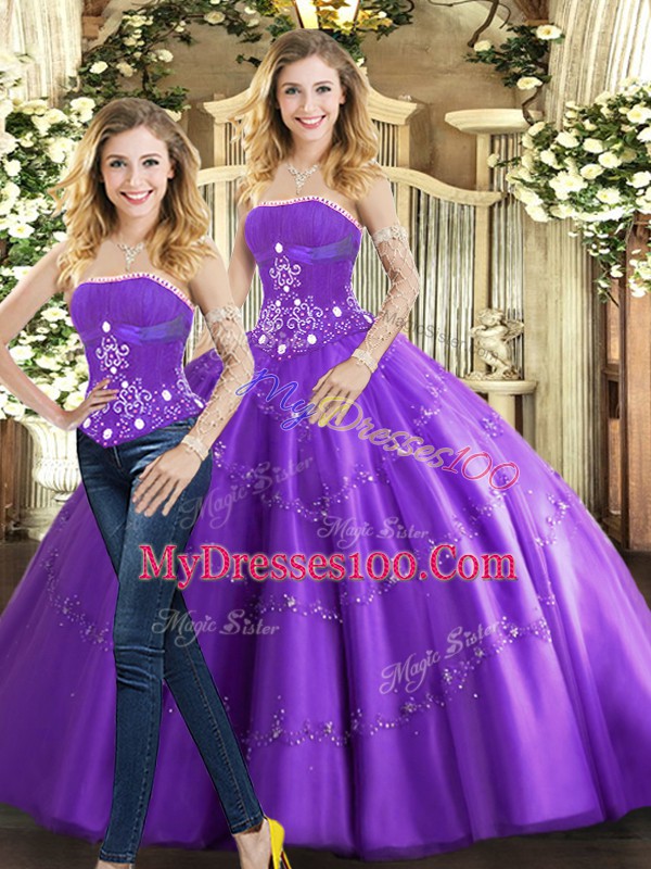 Traditional Purple Sleeveless Beading Floor Length 15th Birthday Dress