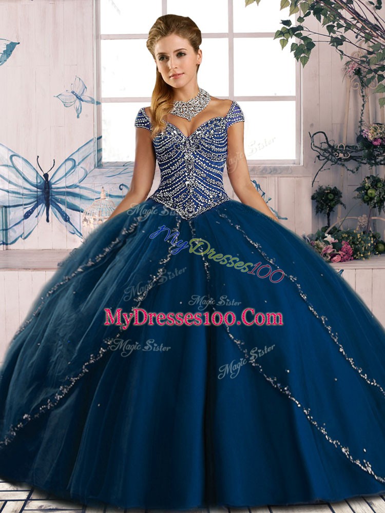 Admirable Brush Train Ball Gowns 15 Quinceanera Dress Blue Sweetheart Tulle Cap Sleeves Lace Up