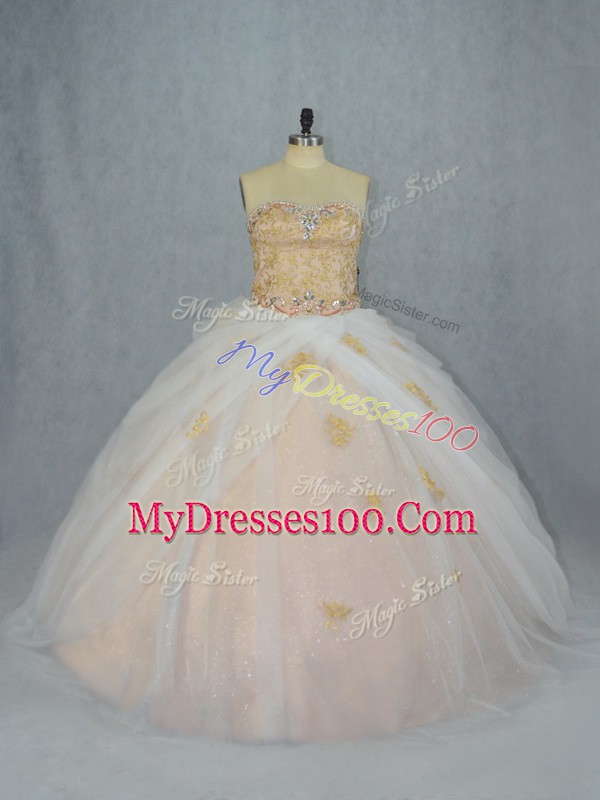 Champagne Ball Gowns Sweetheart Sleeveless Tulle Lace Up Beading and Appliques Quinceanera Dresses