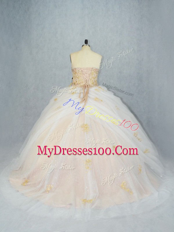 Champagne Ball Gowns Sweetheart Sleeveless Tulle Lace Up Beading and Appliques Quinceanera Dresses