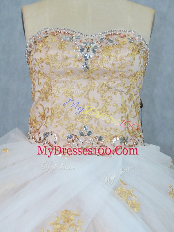 Champagne Ball Gowns Sweetheart Sleeveless Tulle Lace Up Beading and Appliques Quinceanera Dresses