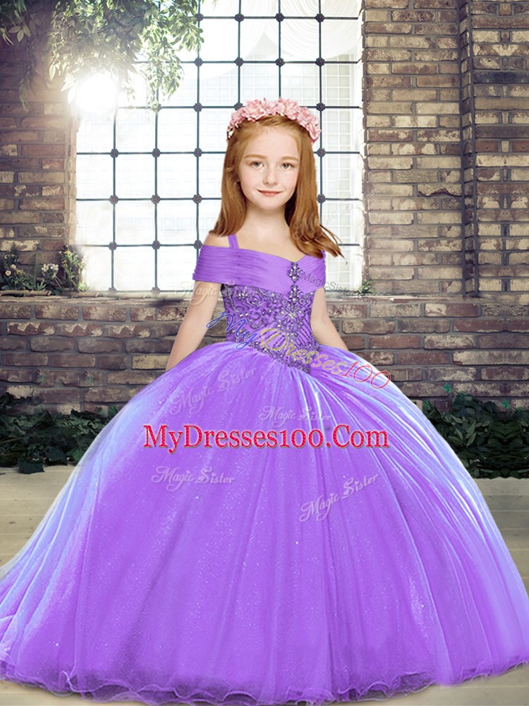 Luxurious Lavender Ball Gowns Tulle Straps Sleeveless Beading Lace Up Little Girl Pageant Gowns Brush Train