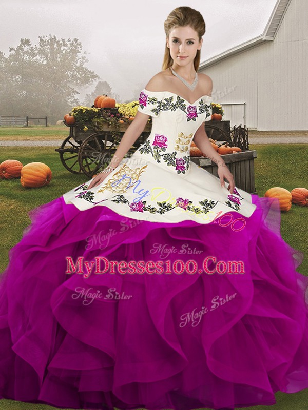 Perfect White And Purple Lace Up Off The Shoulder Embroidery and Ruffles Ball Gown Prom Dress Tulle Sleeveless