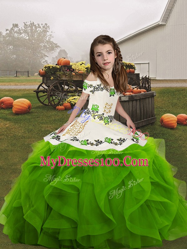 Stunning Green Ball Gowns Straps Sleeveless Organza Floor Length Lace Up Embroidery and Ruffles Little Girls Pageant Dress Wholesale