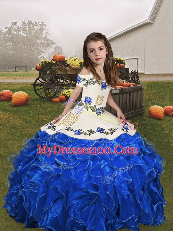 Royal Blue Organza Lace Up Straps Sleeveless Floor Length Pageant Gowns For Girls Embroidery and Ruffles