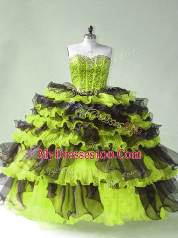 Yellow Green Ball Gowns Beading Quinceanera Dress Lace Up Organza Sleeveless