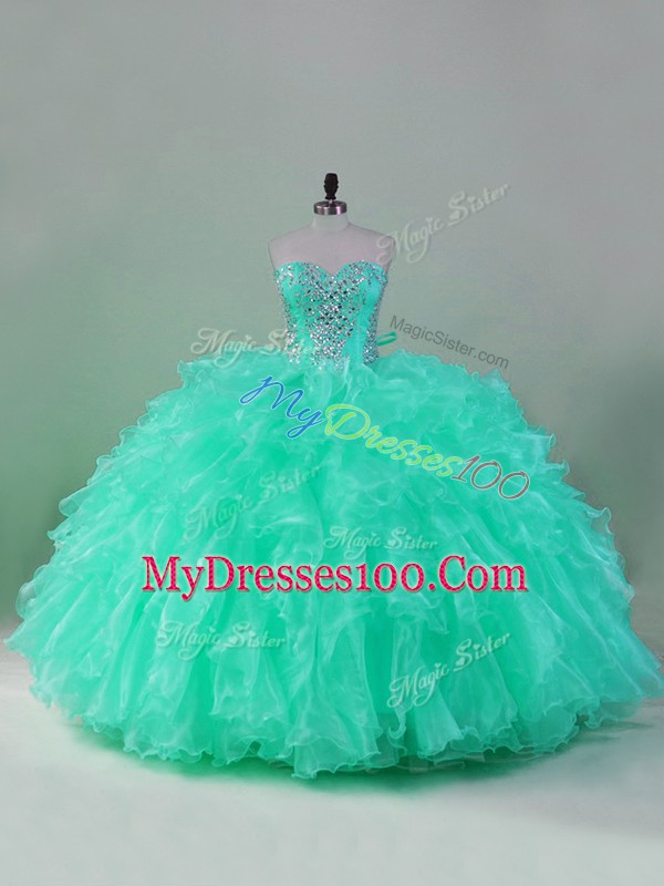 Low Price Turquoise Sweetheart Neckline Beading and Ruffles Ball Gown Prom Dress Sleeveless Lace Up