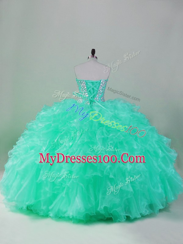 Low Price Turquoise Sweetheart Neckline Beading and Ruffles Ball Gown Prom Dress Sleeveless Lace Up
