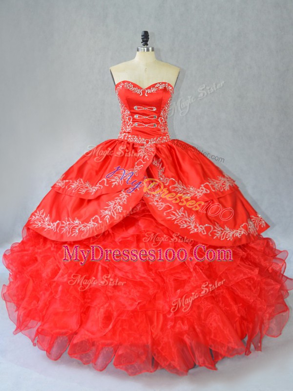 Lovely Sleeveless Floor Length Embroidery and Ruffles Side Zipper Sweet 16 Dresses with Red